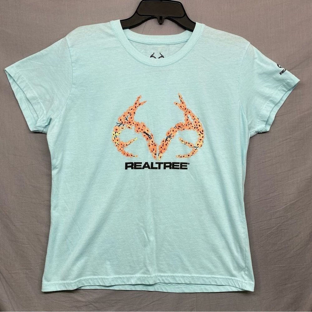 Realtree Flower Antlers Graphic Print T-Shirt Teal Blue Women Size |‎ L